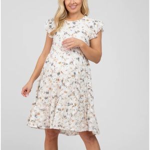 Ivory Floral Embroidered Tiered Maternity Dress